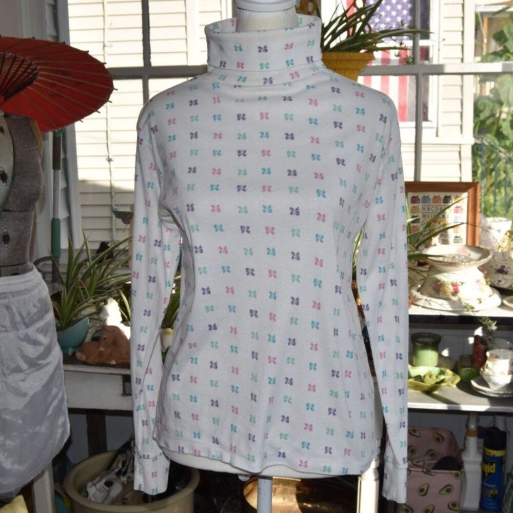 Vintage 80s Ashley Bow Print Turtleneck Top Pastel Long Sleeve England M